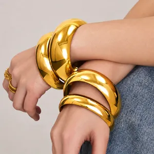 Brazalete de Acero Inoxidable Minimalista para Mujer Pulido Espejo Ancho Alto Brillo Joyería de Moda Oro Plata