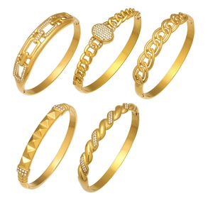 Minimalist 18k gold plated stainless steel bracelets with geometric zircon inlay designs