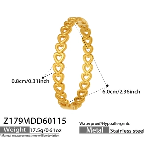 Detail view of 18k gold plated stainless steel heart chain bracelet with dimensions
