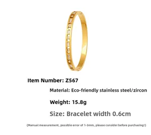 Detailed view of gold stainless steel zircon bangle showing 0.6cm width and 15.8g weight
