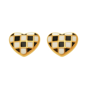 Boucles d'oreilles cœur dorées avec motif damier émail noir et blanc