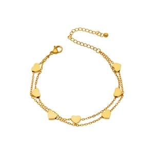 Double-layered gold stainless steel chain bracelet with seven heart-shaped charms