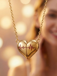 Macro di collana a cuore dorata con linea battito rosso e catena sottile a maglie