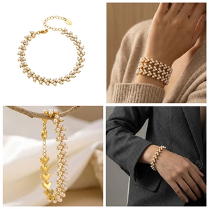 Détails du bracelet en acier inoxydable plaqué or 18k avec perles et breloque en cœur