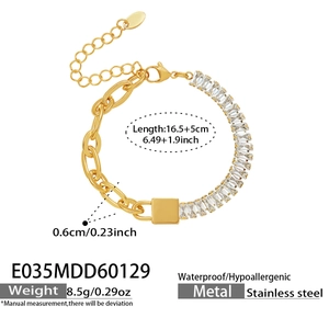 Detailoverzicht van een gouden roestvrijstalen armband met zirkonia en de afmetingen