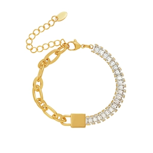 18K goudvergulde roestvrijstalen schakelarmband met baguette-geslepen zirkoon