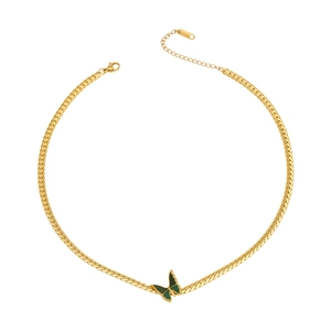 18k gold plated stainless steel cuban chain necklace with green butterfly pendant