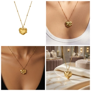 Golden 3D heart hug pendant on bead chain necklace shown on model and in white background