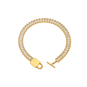 Elegante bracciale in acciaio placcato oro 18 carati con lucchetto in zirconi e chiusura OT