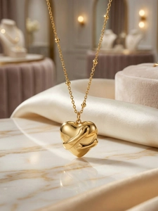 Close-up of gold-plated heart hug pendant on a delicate beaded cross chain