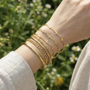 Golden multi-layer geometric cross chain bracelets and bangle set for women