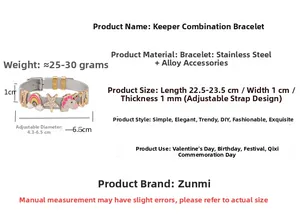 Detail of silver mesh bracelet showing adjustable 22.5cm length and charm dimensions