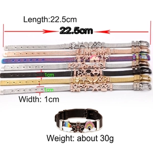 Detail of adjustable mesh belt bracelets with MOM and unicorn charms in multiple finishes