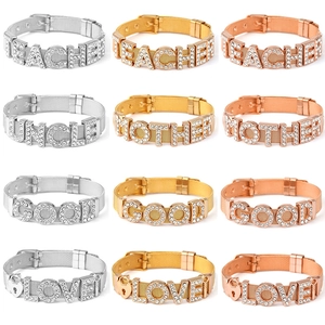 Stainless Steel Mesh Band Bracelet For Women With Rhinestone Letter Charms Love Mother Teacher Adjustable Belt Buckle Jewelry