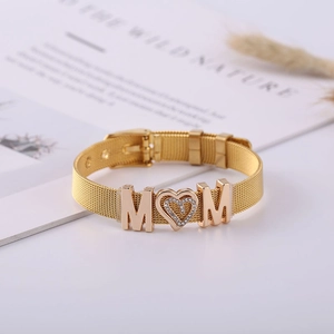 Golden mesh bracelet with MOM lettering and sparkling rhinestone heart charm for women