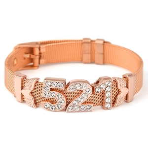 Rose gold mesh bracelet featuring 521 diamond-encrusted numbers and adjustable buckle