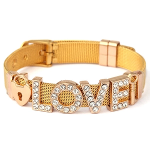 Gold mesh belt bracelet featuring LOVE letters, heart lock and key charms with crystals