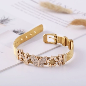 Golden mesh strap bracelet with my angel heart charms and sparkling white rhinestones
