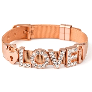 Rose gold stainless steel mesh bracelet featuring LOVE letters and heart lock charms