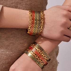 Chic checkered enamel bangles and hollow geometric gold bracelet stack set