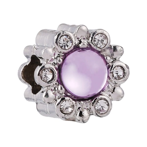 Silver flower charm with large purple stone and white zircons for DIY bracelets