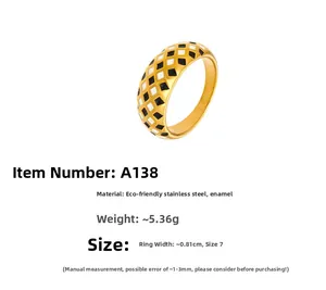 Macro view of 18k gold plated ring showing 0.81cm width and checkerboard pattern