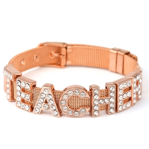 Rose gold stainless steel mesh bracelet with sparkling TEACHER rhinestone letters