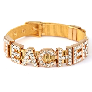 Golden mesh strap bracelet with TEACHER charm and sparkling rhinestones for teachers