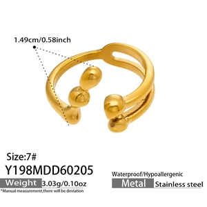 Detail view of gold hollow geometric ring with dimensions and weight measurements