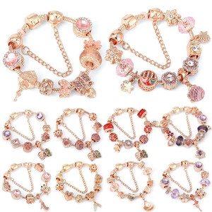 Ensemble de Bracelets à Charmes DIY Plaqués Argent Or Rose pour Femmes Avec Pendentif Cœur Couronne Bijoux Cadeau pour Mère Fille
