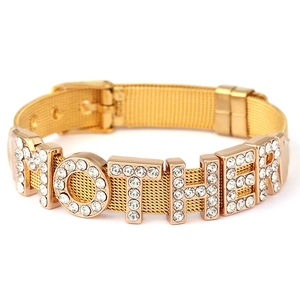 Gold stainless steel mesh bracelet with crystal-encrusted MOTHER letters and adjustable buckle