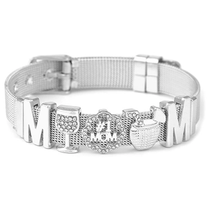Silbernes Edelstahl-Mesh-Armband mit #1 MOM-Anhänger und Kristall-Anhängern