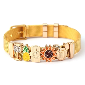 Golden mesh stainless steel bracelet with tropical charms including pineapple and coconut