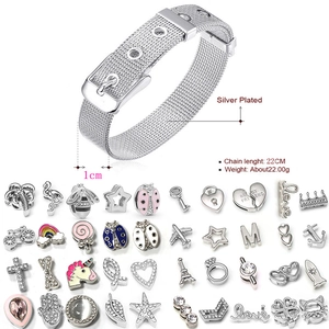 Detail of silver mesh bracelet with adjustable pin buckle and various DIY slider charms