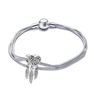 Bracciale a tre fili a catena serpente in argento con ciondoli a cuore e piume boho