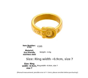 Detail of gold belt buckle ring showing horseshoe D-buckle design in stainless steel