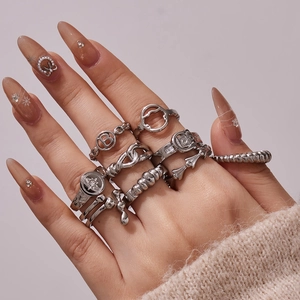 French style minimalist hollow geometric stainless steel open rings set for women