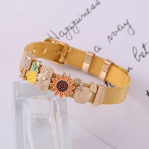 Gold stainless steel mesh bracelet with summer charms pineapple camera and sunflower