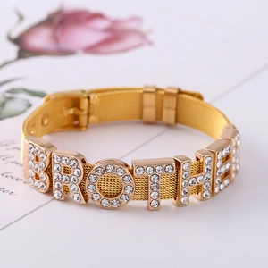Gold stainless steel mesh bracelet with sparkling BROTHER letter charms for women