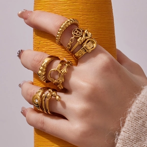 French minimalist hollow geometric gold-plated stainless steel stackable ring set for women