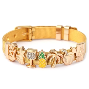 Golden stainless steel mesh bracelet with summer charms including pineapple and palm tree
