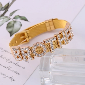 Adjustable golden mesh bracelet with BROTHER letter charm inlaid with crystals