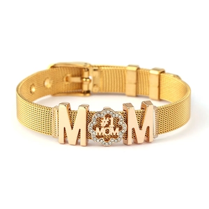 Muttertag Geschenk Edelstahl MOM Buchstabe Maschenarmband Mit Strass Herz Anhänger Verstellbarem Mailänder Gurt Schmuck