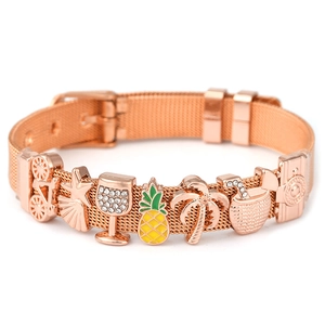 Rose gold stainless steel mesh bracelet with pineapple and palm tree beach charms