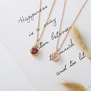 Close-up of red swan pendant and rose gold infinity ring necklace on card