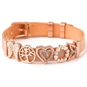 Rose gold stainless steel mesh bracelet with heart, butterfly and tree of life charms