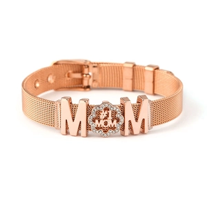 Roségoldenes Armband mit Milanese-Geflecht, MOM-Anhänger und weißen Strasssteinen
