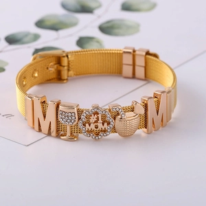 Goldenes Mesh-Armband mit MOM-Schiebeanhängern und Herzanhänger Nr. 1 Mama