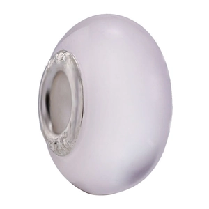 Macro view of a lavender cat-eye glass bead with a decorative silver metal core