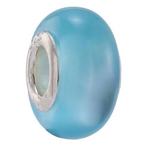 Macro detail of a light blue cat eye charm bead with S925 sterling silver core
